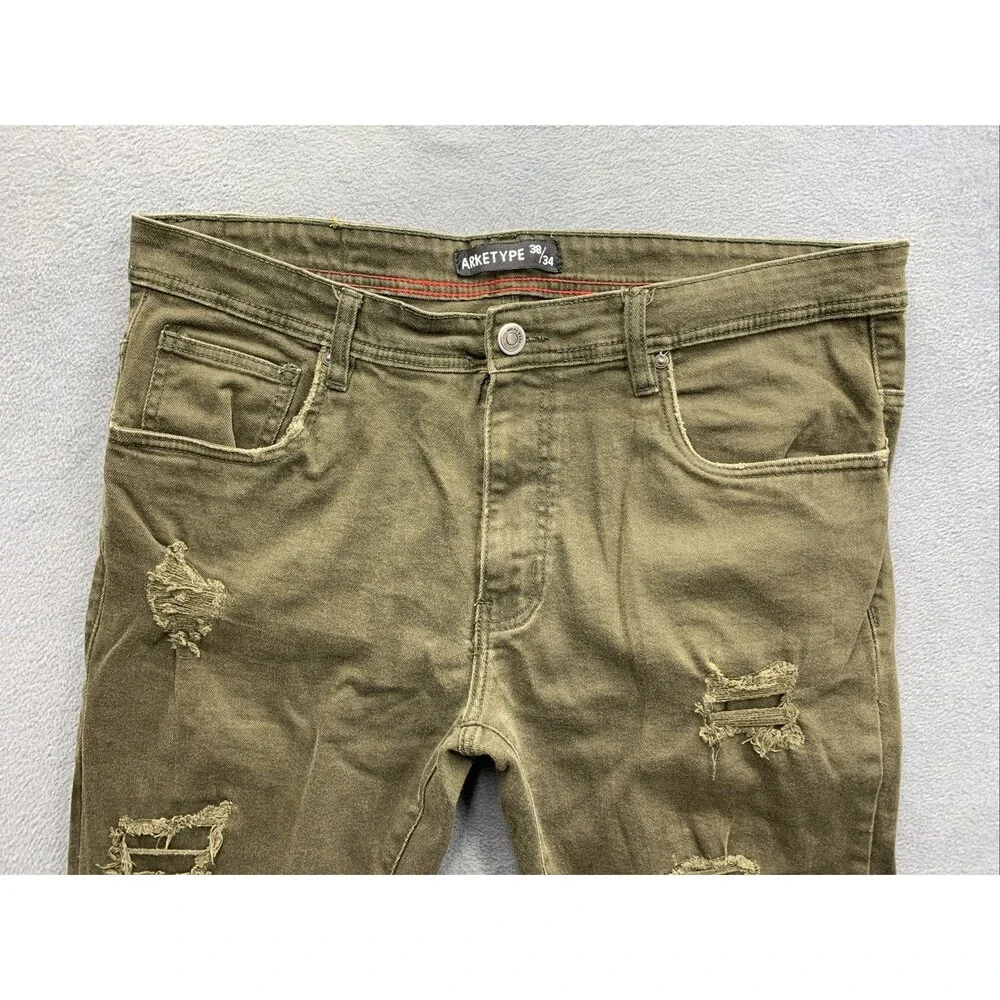 Arketype Denim Jeans Men's Destroyed Hip Hop Street Green Size 38X34